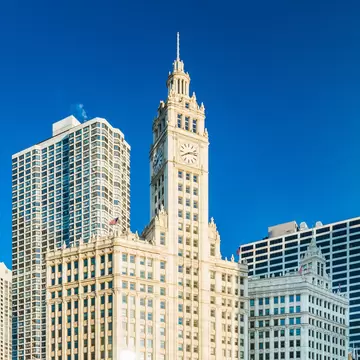 View of the Wrigley Building and DuSable Bridge in downtown Chicago, Illinois.