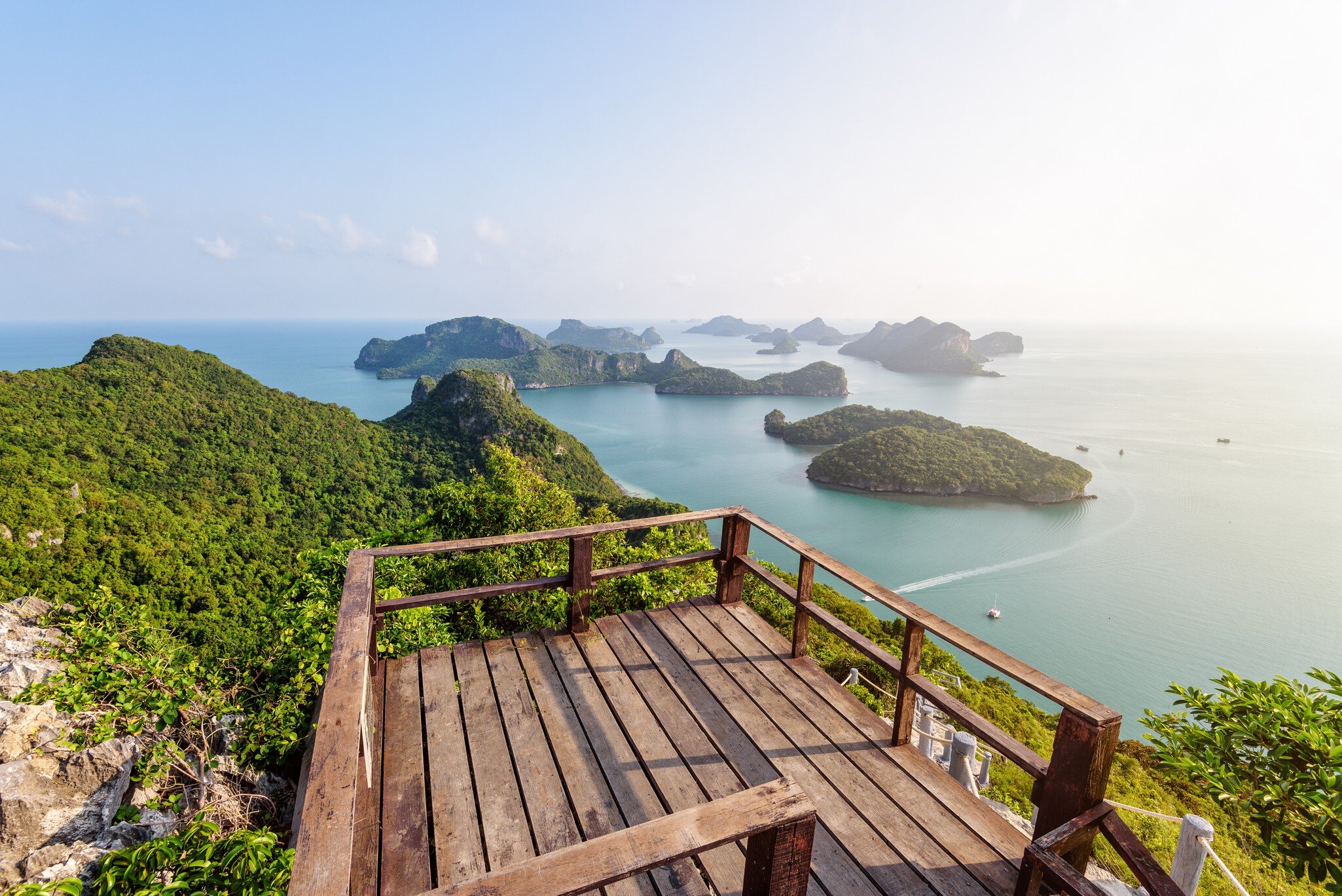 Podium viewpoint on peak mountain at Ko Wua Ta Lap island and high angle view beautiful nature landscape of island and sea in Mu Ko Ang Thong National Marine Park, Surat Thani, Thailand; Shutterstock ID 1016988670;