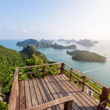 Podium viewpoint on peak mountain at Ko Wua Ta Lap island and high angle view beautiful nature landscape of island and sea in Mu Ko Ang Thong National Marine Park, Surat Thani, Thailand; Shutterstock ID 1016988670;