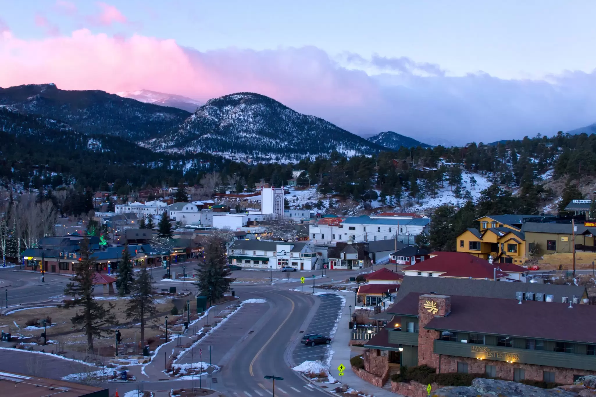 Downtown Estes Park on a winter morning, Colorado