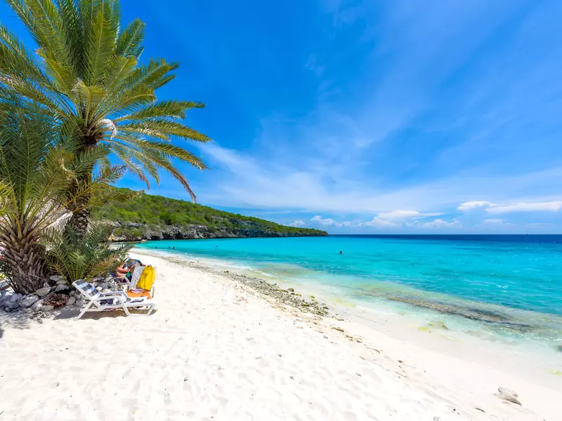 Sun chairs under palm trees sit on a narrow white-sand beach. Bright blue waters gently lap the shore.