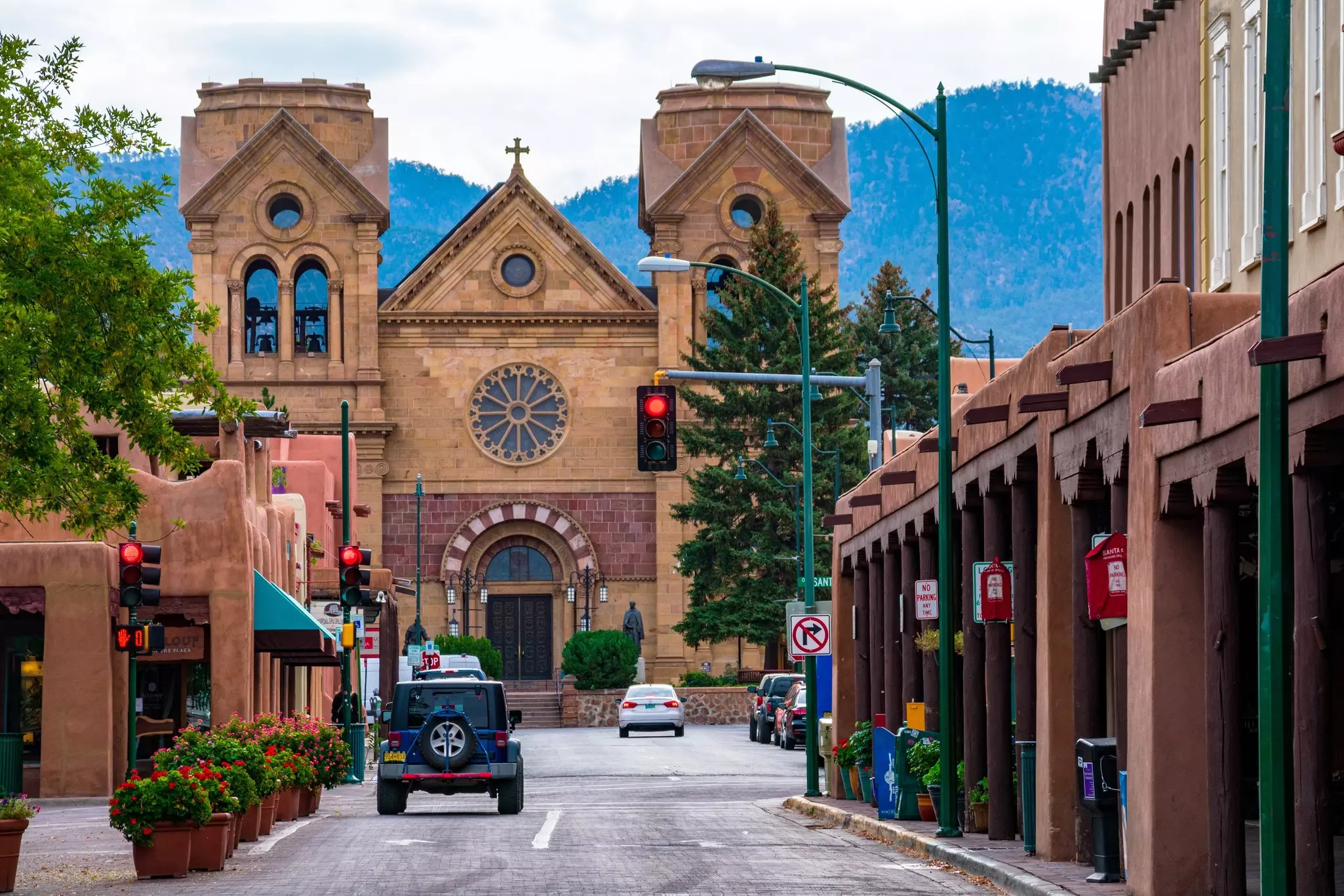 Street view of Cathedral Basilica of St Francis of Assisi - Santa Fe, New Mexico, USA