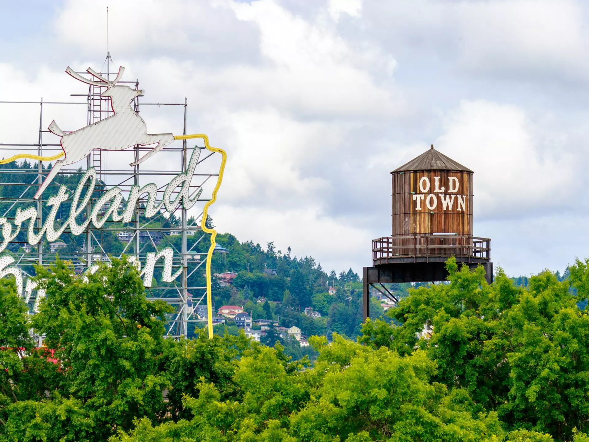 The White Stag sign can be seen when traveling into Old Town on the Burnside Bridge. PNG-Studio / Getty Images