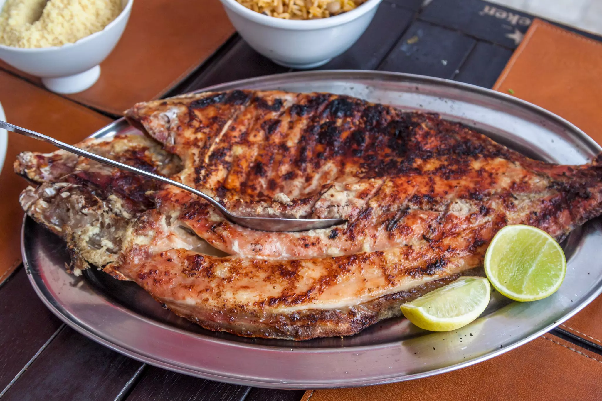 Manaus, Amazonas, Brazil: Tambaqui fish (Colossoma macropomum) roasted on the grill, one of the most traditional dishes of Amazonian cuisine.