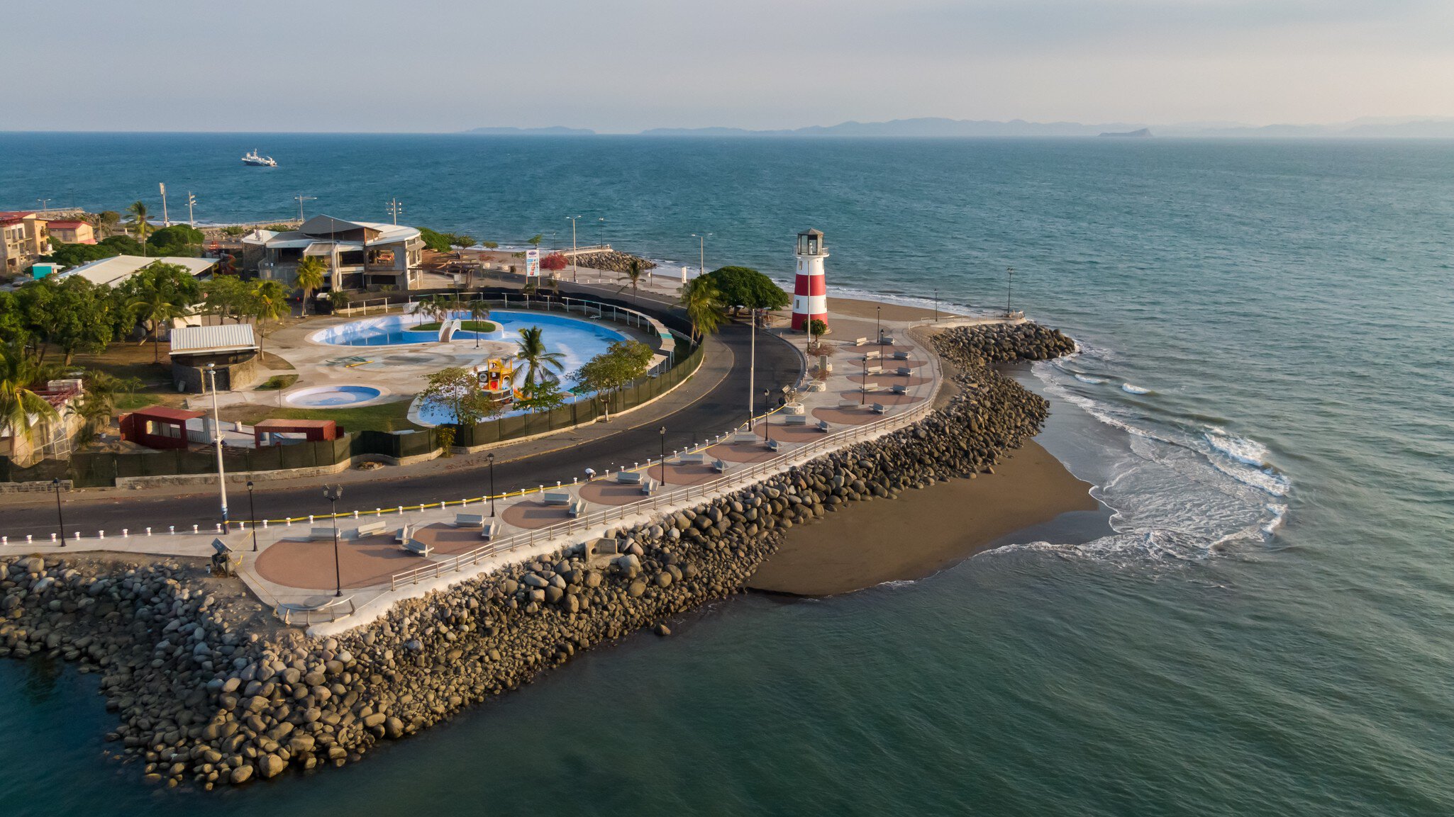 Beautiful aerial view of the city of Puntarenas and the Paseo de los turistas at the sunset in Costa Rica