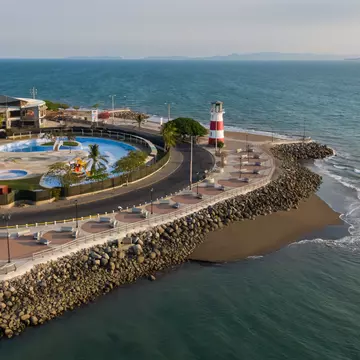 Beautiful aerial view of the city of Puntarenas and the Paseo de los turistas at the sunset in Costa Rica