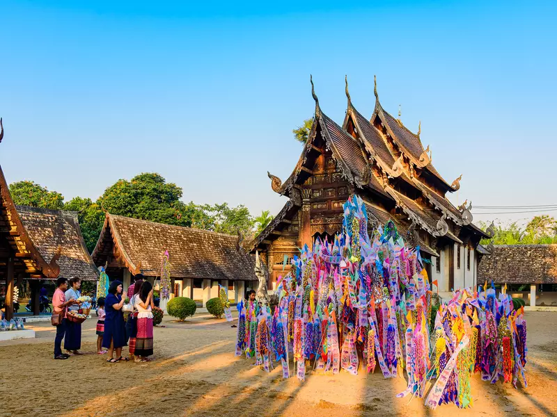 Sand pagodas and prayer flags in Chiang Mai, Thailand. 