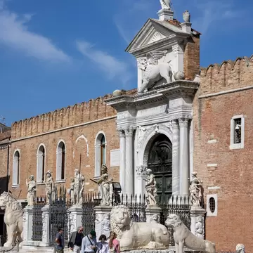 Exterior of the Venetian Arsenal, an old shipyard in Venice, Italy.