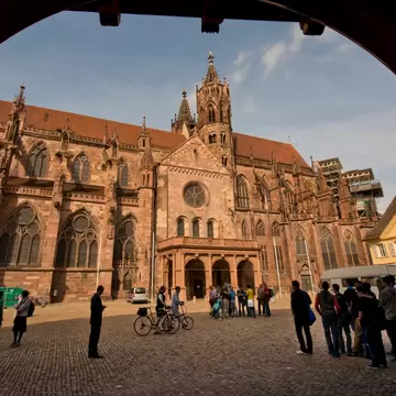 The Gothic-style architecture of Freiburger Munster in Freiburg, Germany.
