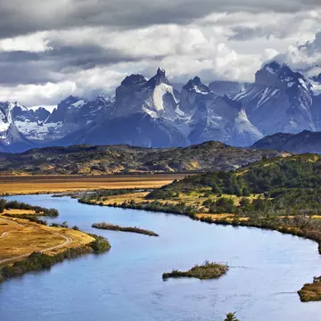 Overview of Paine River and snow-capped Paine Massif.