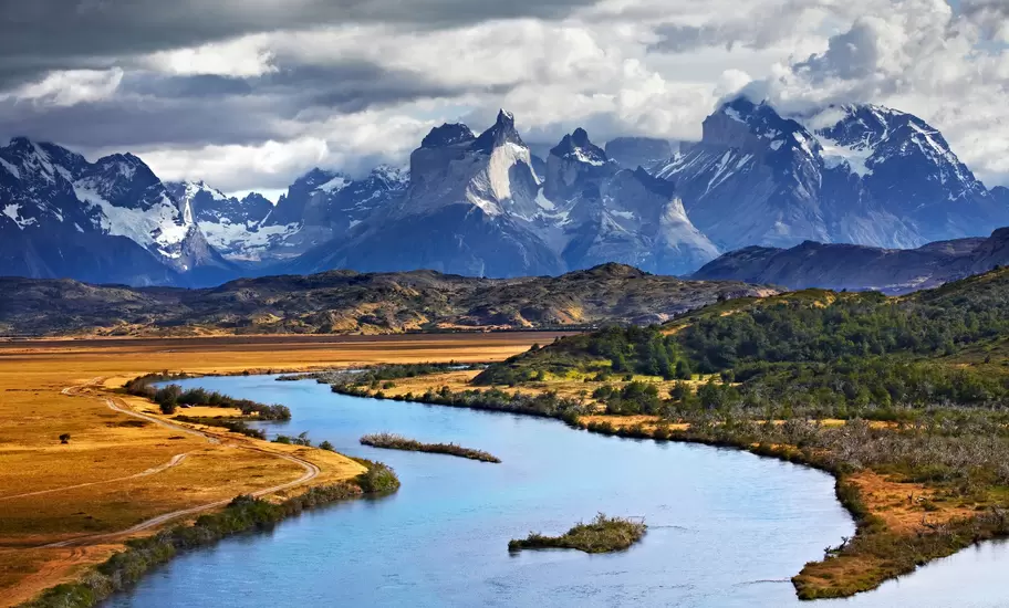 Overview of Paine River and snow-capped Paine Massif.