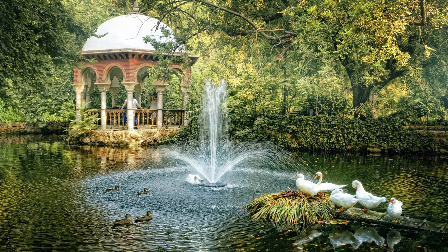 A Moorish-style pavilion by a pond with white ducks at María Luisa Park, Seville, Spain