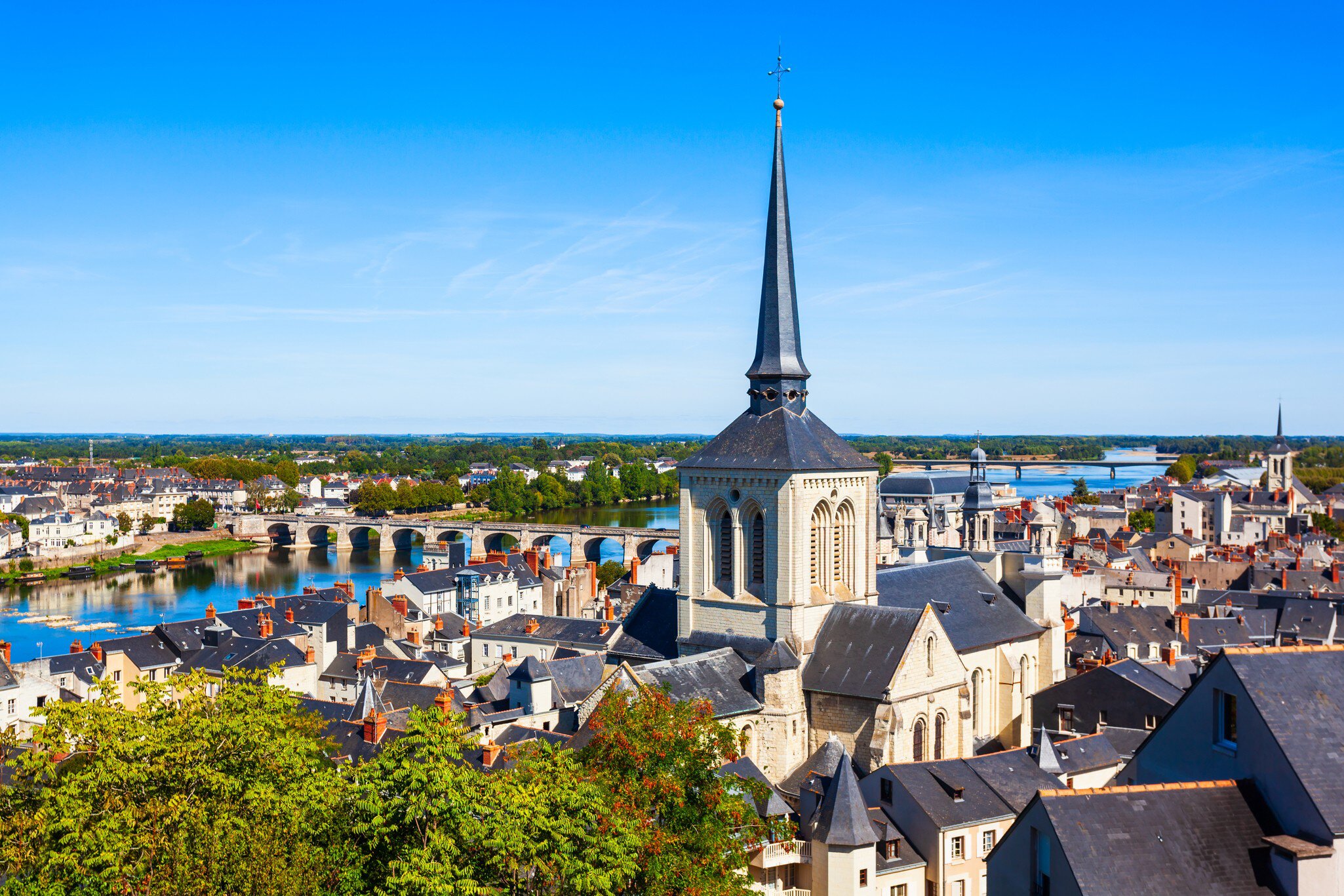 Saint Pierre church and Saumur city aerial panoramic view, Loire valley in France. 