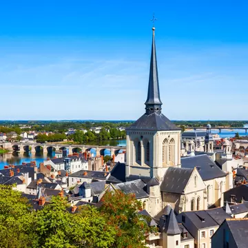Saint Pierre church and Saumur city aerial panoramic view, Loire valley in France. 