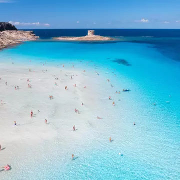 Aerial view of famous La Pelosa beach at sunny summer day. Stintino, Sardinia island, Italy. Top view of sandy beach, swimming people, clear blue sea, old tower and sky with clouds. 