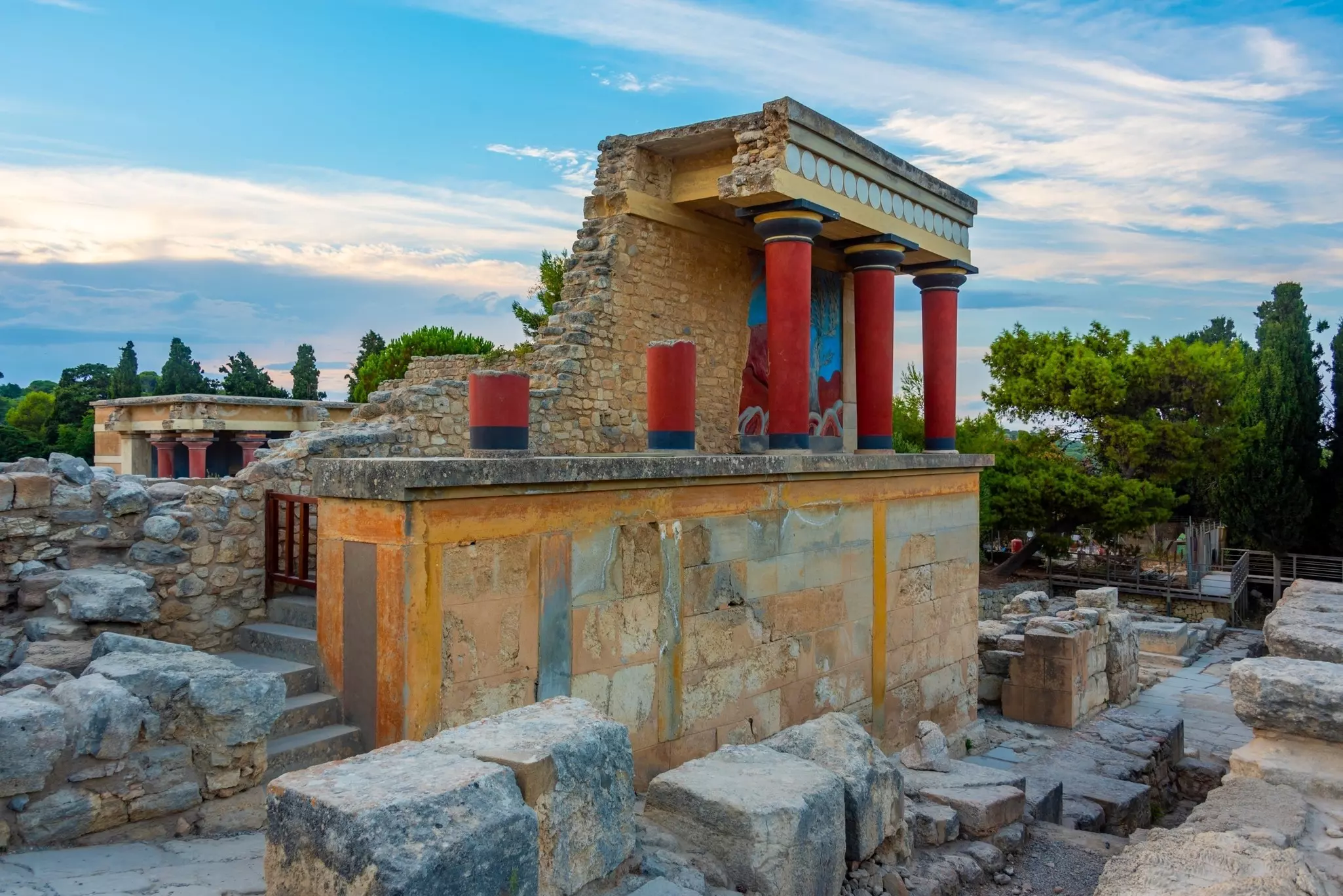Sunset view of the north entrance to Knossos palace at Greek island Crete.