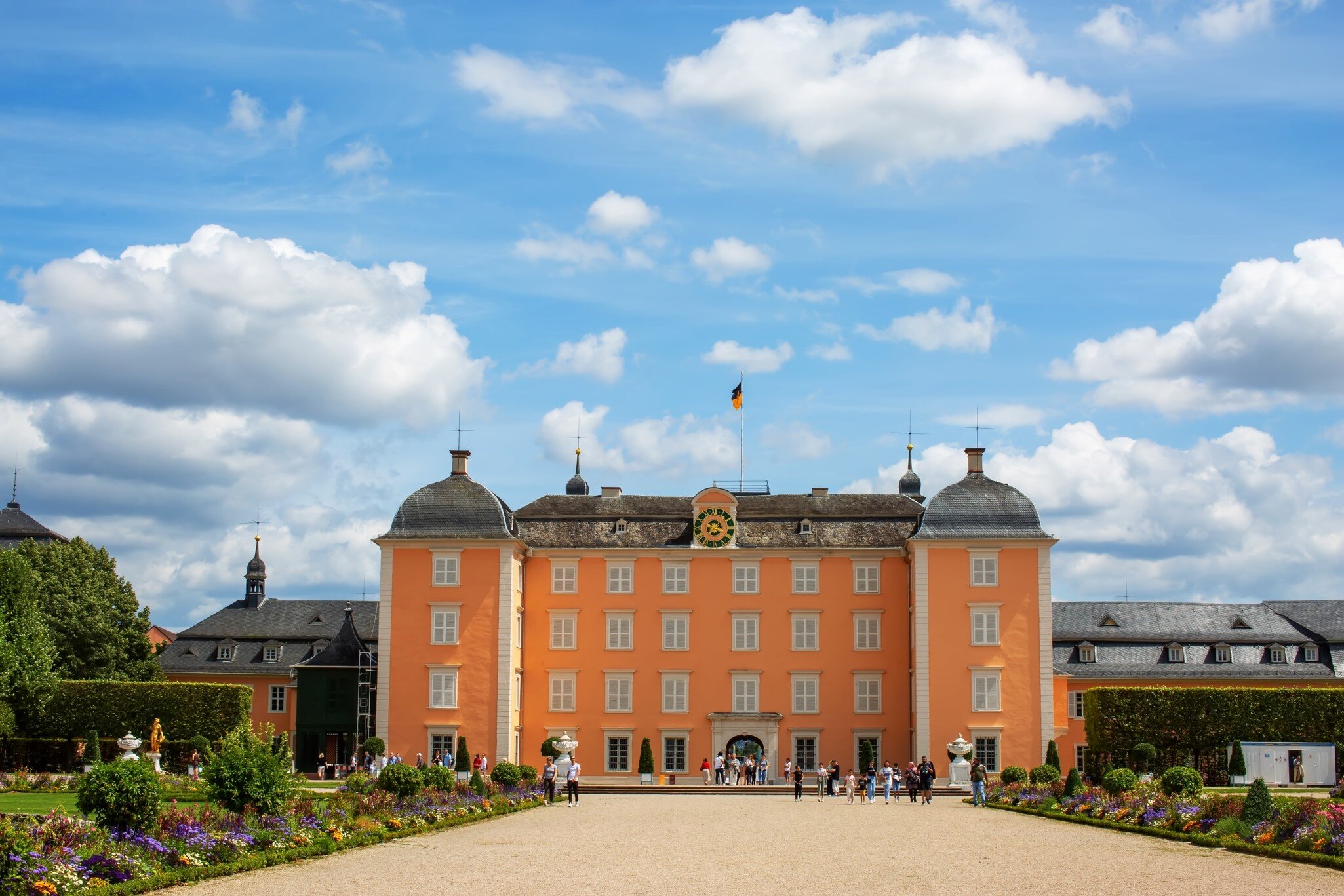 Gardens and facade of the Schwetzingen Palace (Schloss Schwetzingen), ancient summer residence of the Electors Palatine Charles III Philip and Charles IV Theodore in Heidelberg, Germany.