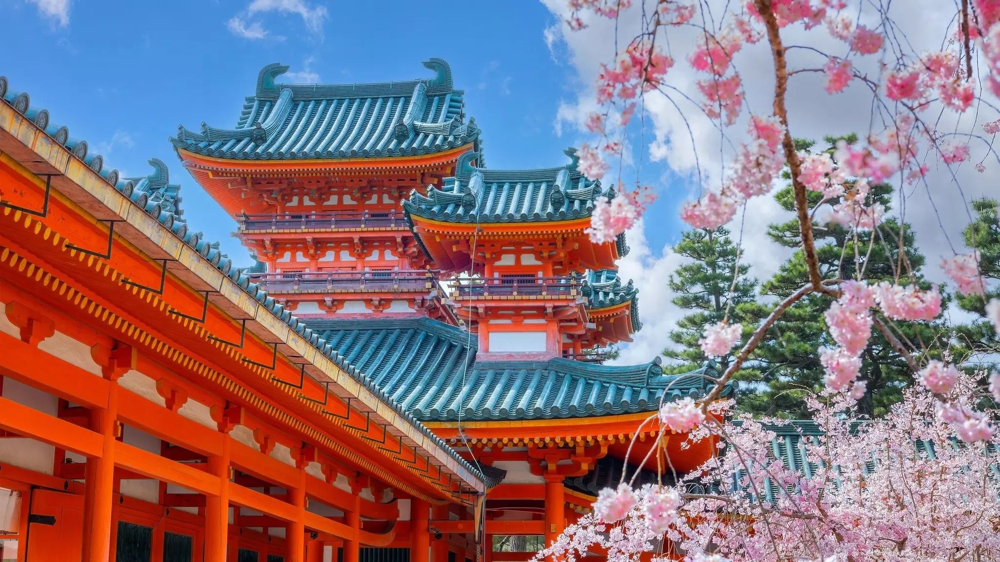 Heian Jingu Shrine in cherry blossom season in Kyoto, Japan