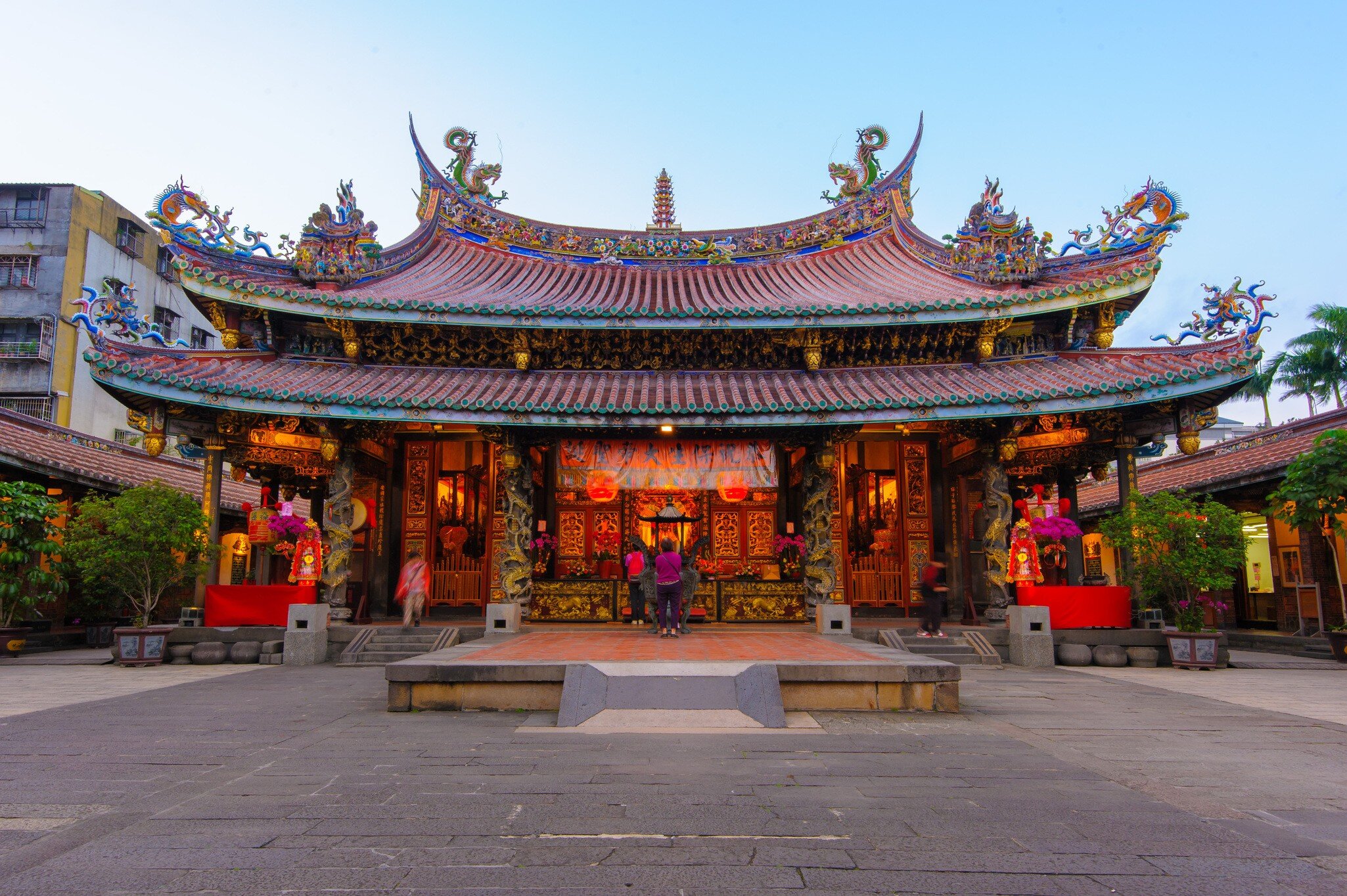 The ornately decorated facade of Bao An temple in Taipei, Taiwan.