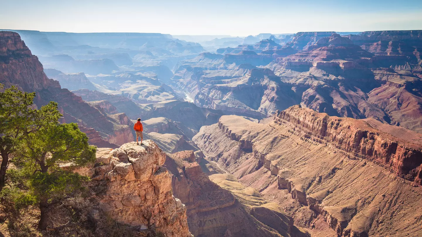 A male hiker is standing on a steep cliff taking in the amazing view over famous Grand Canyon on a beautiful sunny day with blue sky in summer, Grand Canyon National Park, Arizona, USA