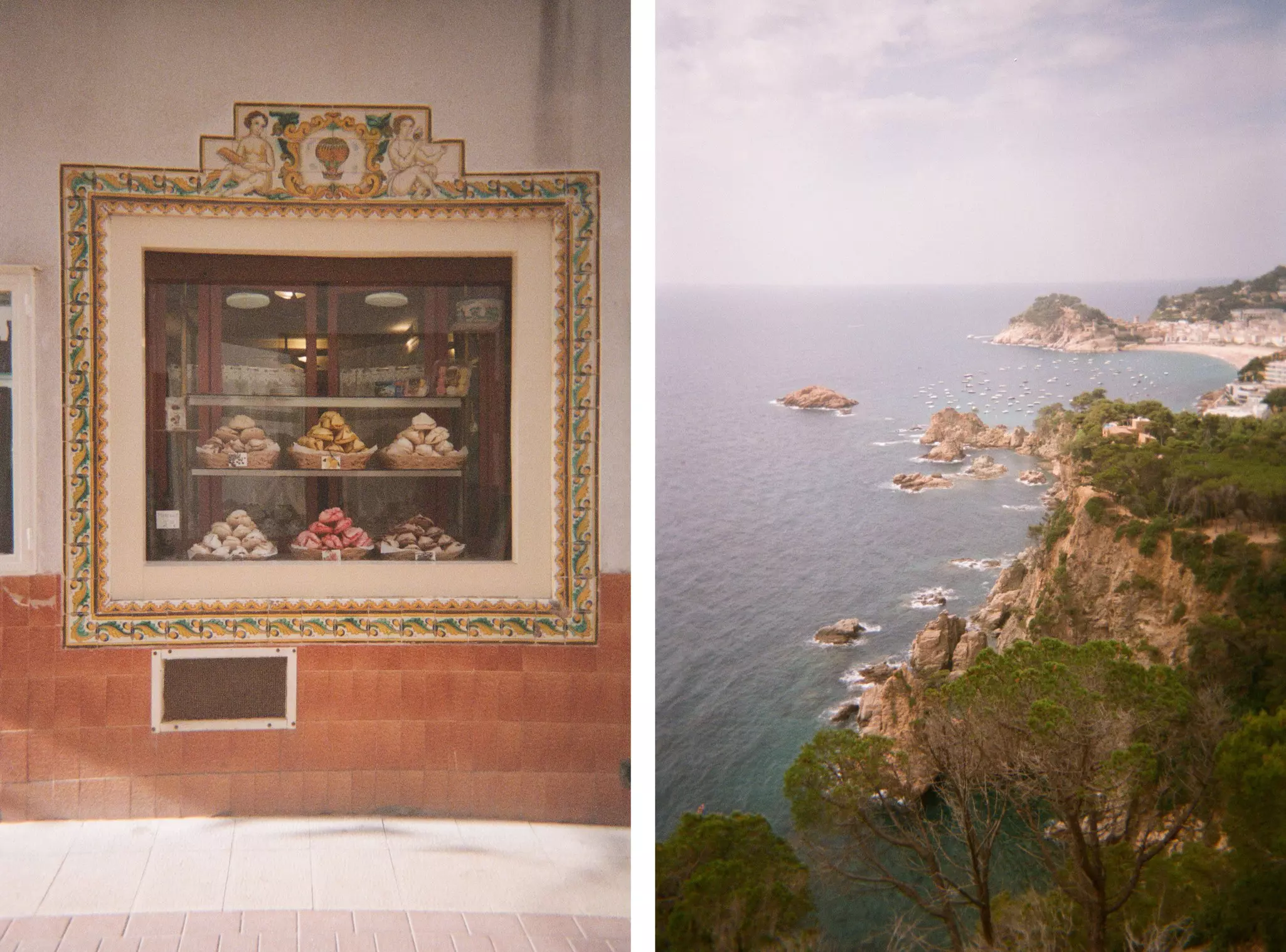 Left, Meringues in the window of Pastisseria Granja Tomás in Tossa de Mar, Catalonia, right, View of Tossa de Mar as seen from a part of the Camino de Ronda. Ru Ogata/Lonely Planet (2)