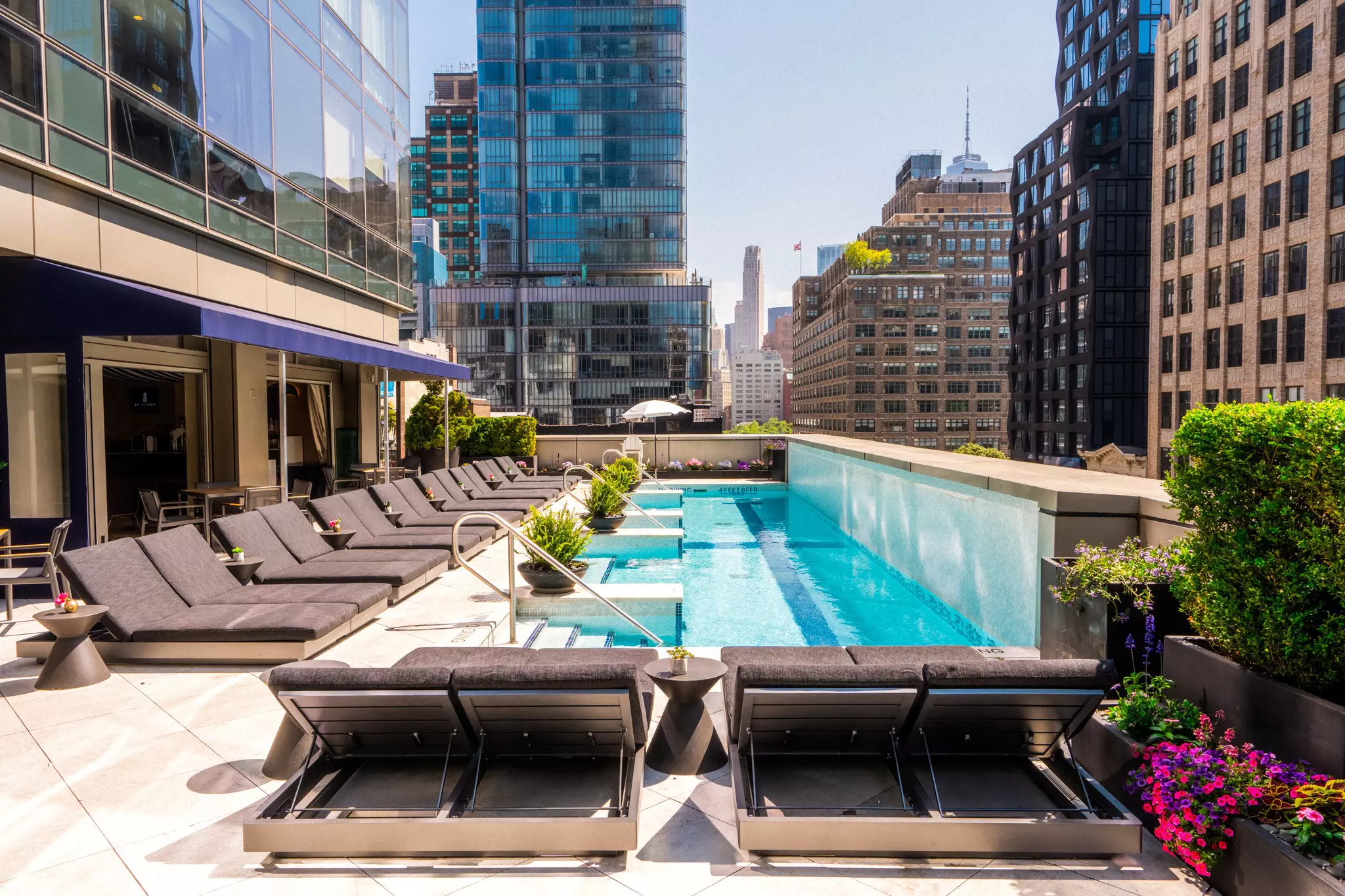 Lounge chairs surround a swimming pool with blue water on the roof of a tall building, with other tall buildings in the background.