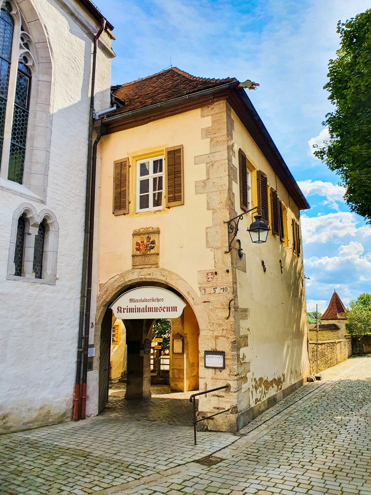 Entrance to the Medieval Crime Museum or Mittelalterliches Kriminalmuseum in Rothenburg ob der Tauber old town in Bavaria, Germany. 