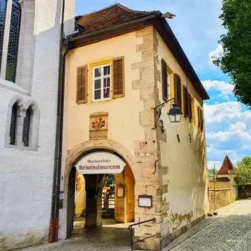 Entrance to the Medieval Crime Museum or Mittelalterliches Kriminalmuseum in Rothenburg ob der Tauber old town in Bavaria, Germany. 