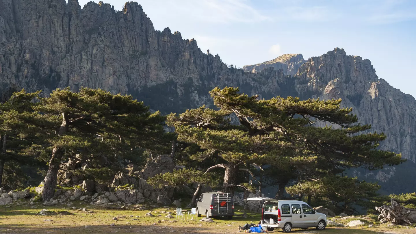 Bavella Needles (Les Aiguilles de Bavella) landscape with visiting vehicles