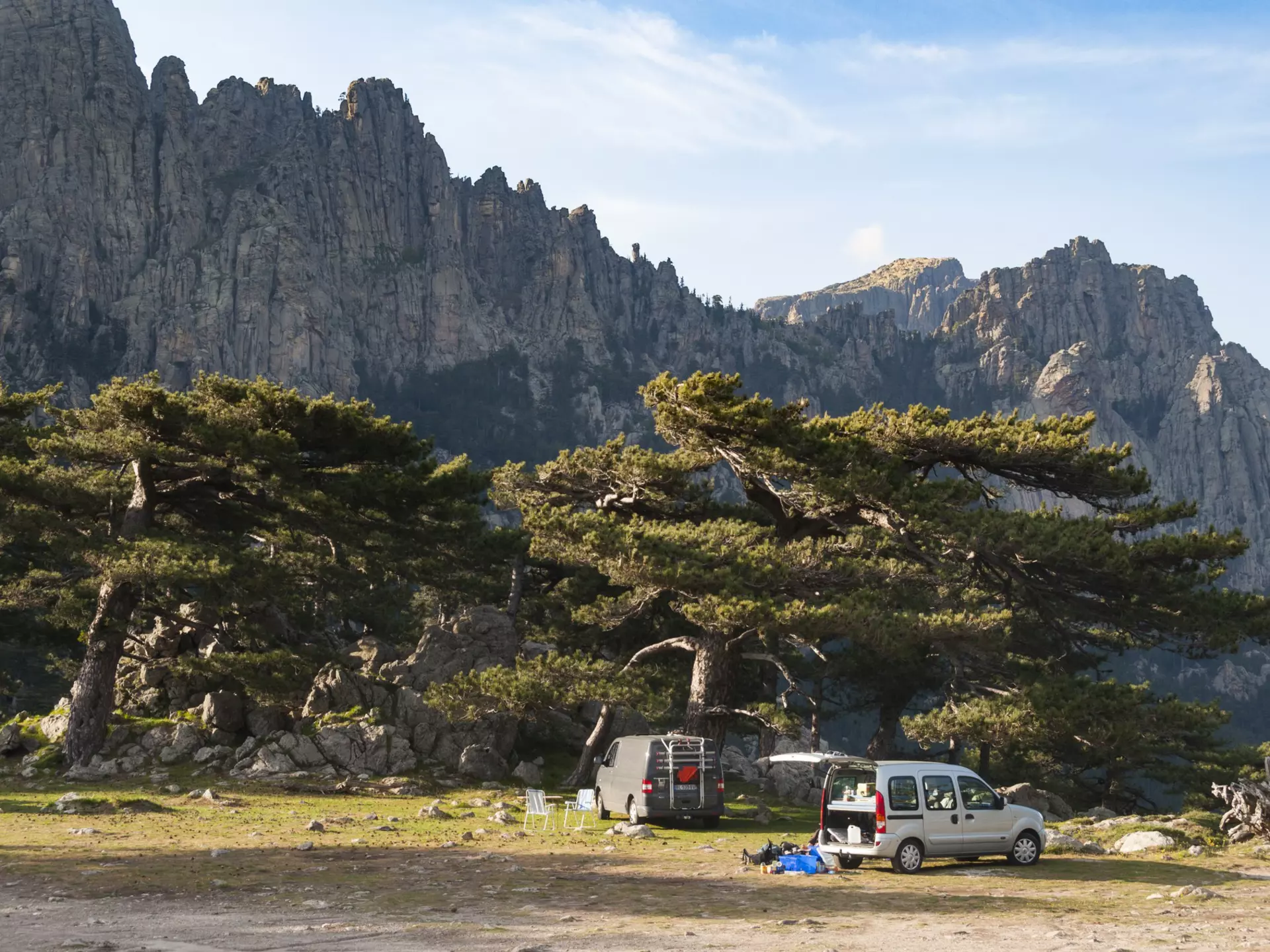 Bavella Needles (Les Aiguilles de Bavella) landscape with visiting vehicles