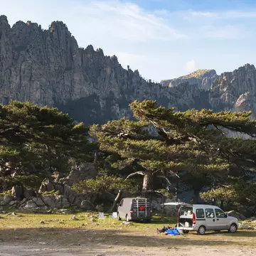 Bavella Needles (Les Aiguilles de Bavella) landscape with visiting vehicles