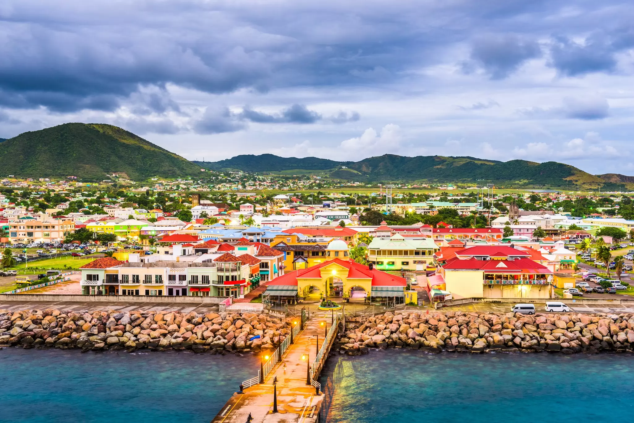 St Kitts and Nevis town skyline at the port. 