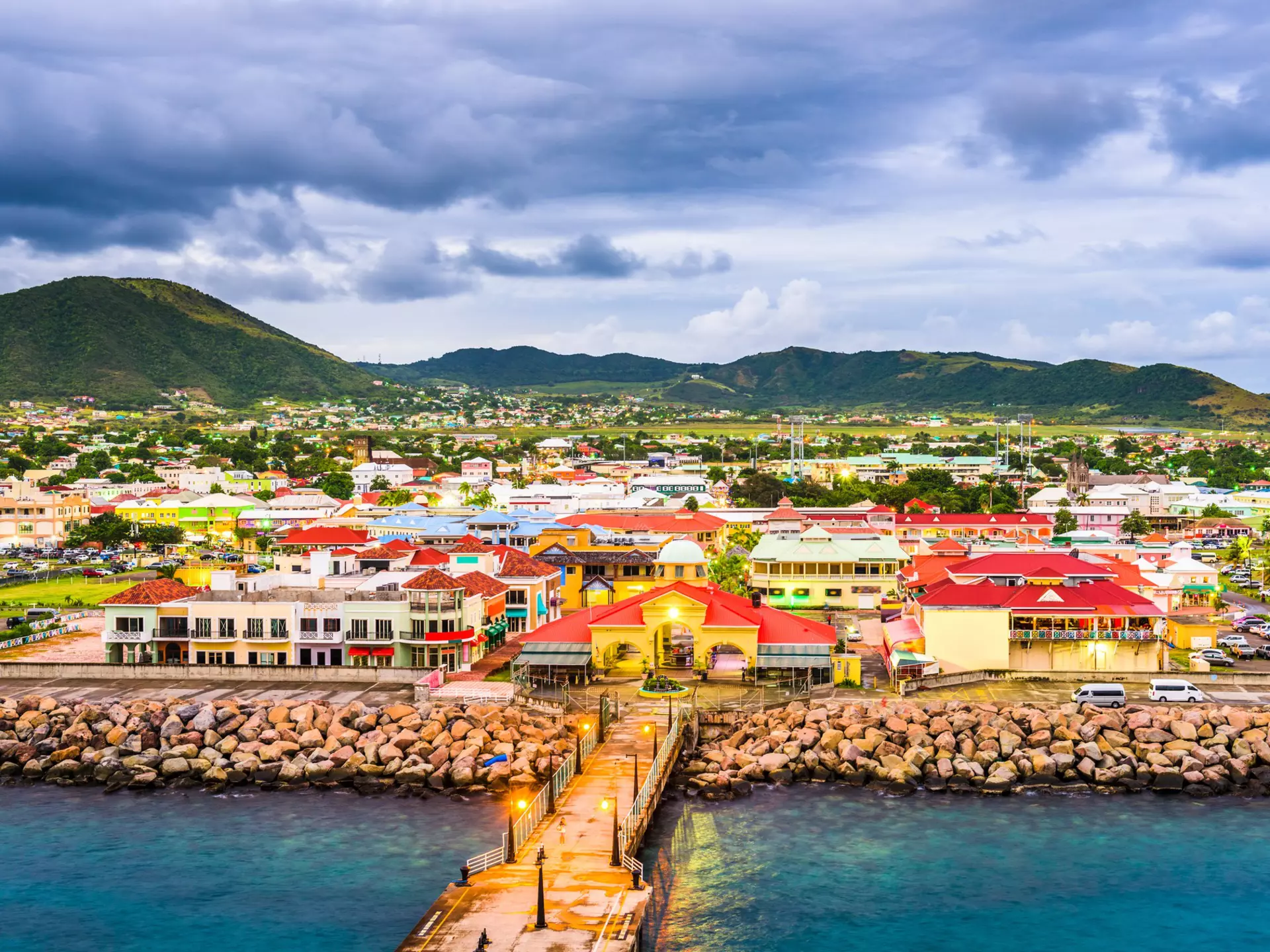 St Kitts and Nevis town skyline at the port. 