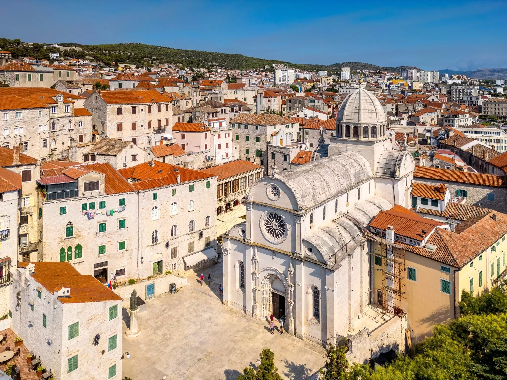 Sibenik, Croatia - July 31, 2024: Aerial view of Sibenik City with St James Cathedral in Croatia, License Type: media, Download Time: 2026-09-21T10:38:50.000Z, User: joebindloss38, Editorial: true, purchase_order: 65050 - Digital Destinations and Articles, job: Online editorial, client: Why You'll Love the History and Charm of Šibenik, other: Joe Bindloss