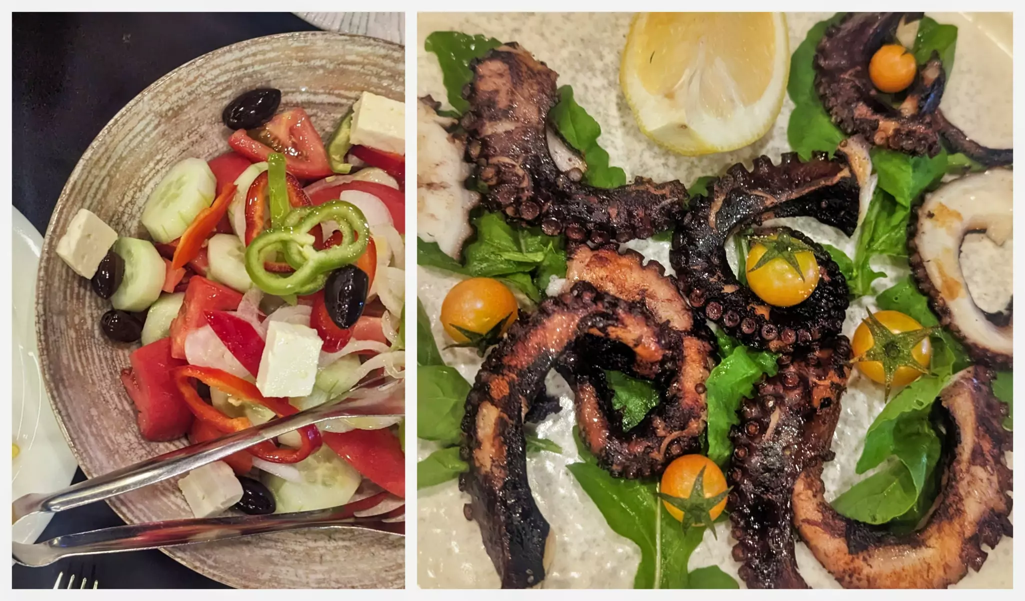 Mediterranean-style dinner featuring a Greek salad and grilled octopus at Mystic 2 in Tirana © Laura Millar 