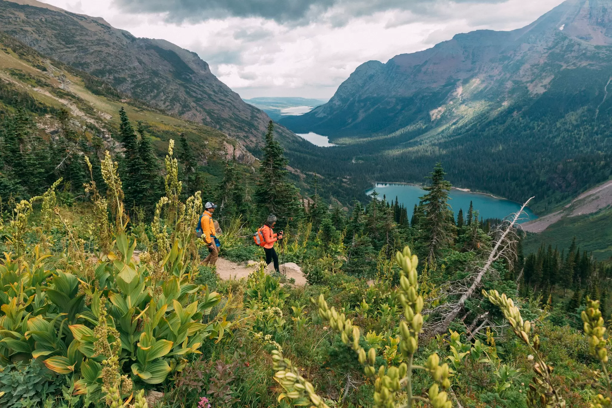 Couple hiking, Glacier National Park, Montana, USA