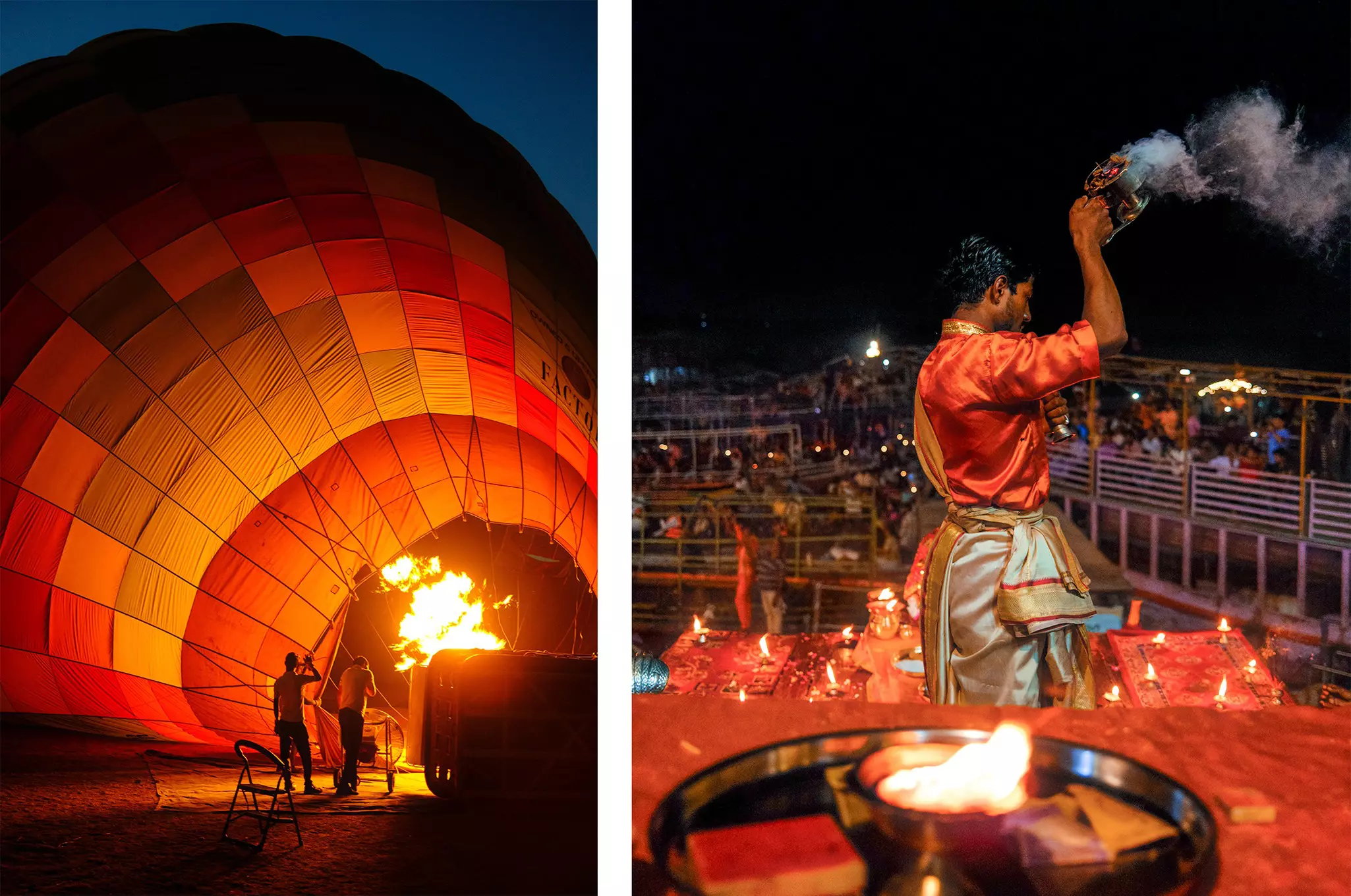 Left: An orange and yellow hot-air balloon begins to inflate as flames fill it from below. Right: a man wafts incense near a series of lit candles.
