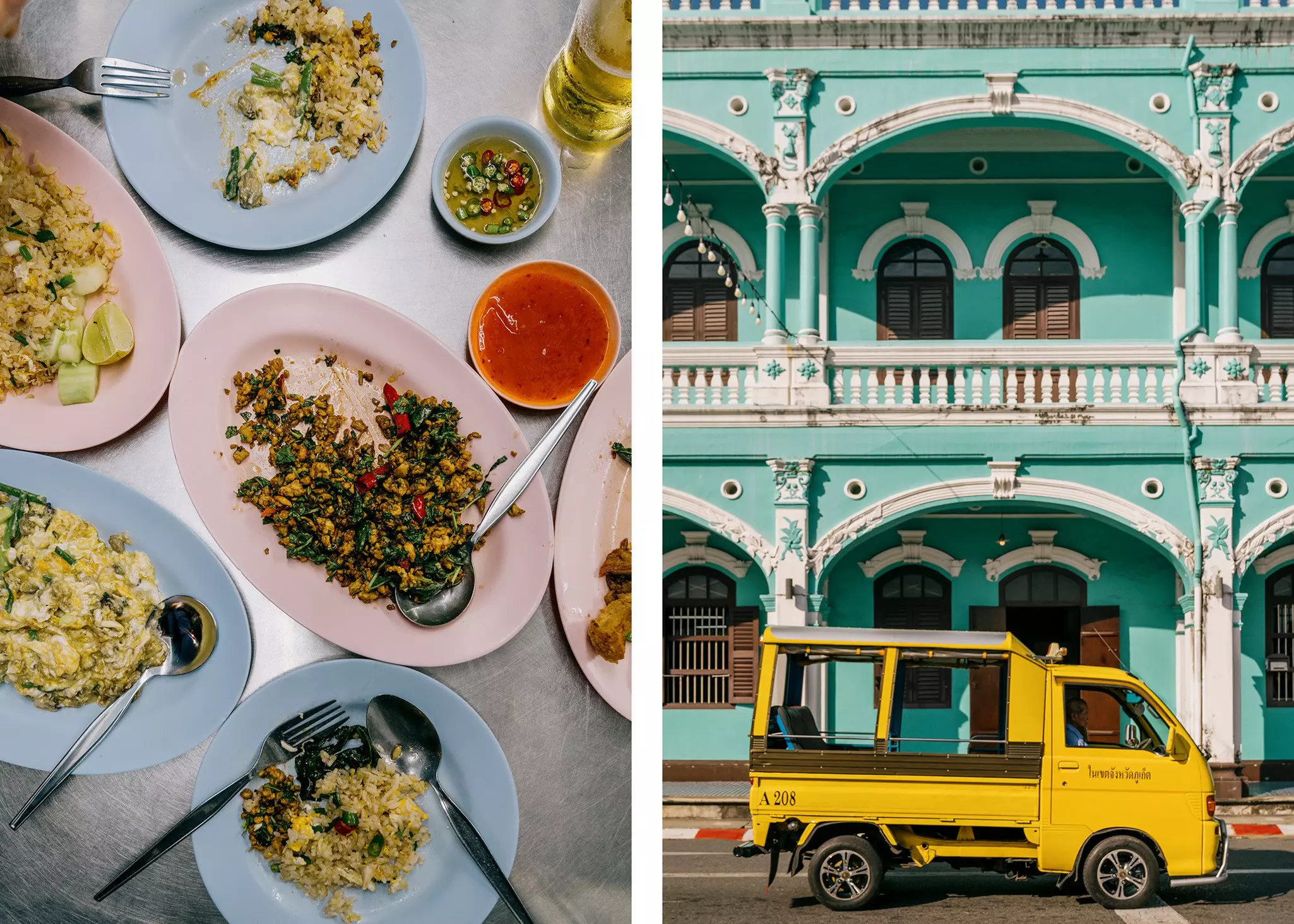 Left: Overhead shot of Thai food on colorful plates. Right: A yellow truck in front of a turquoise building.