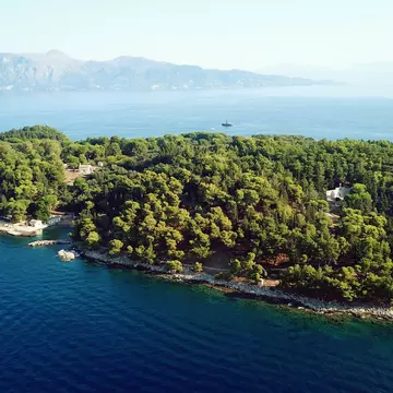 Aerial drone bird's eye view photo of iconic historical small island of Vidos a few nautical miles away from Corfu old town, Corfu island, Ionian, Greece; Shutterstock ID 1201132525; your: Bridget Brown; gl: 65050; netsuite: Online Editorial; full...