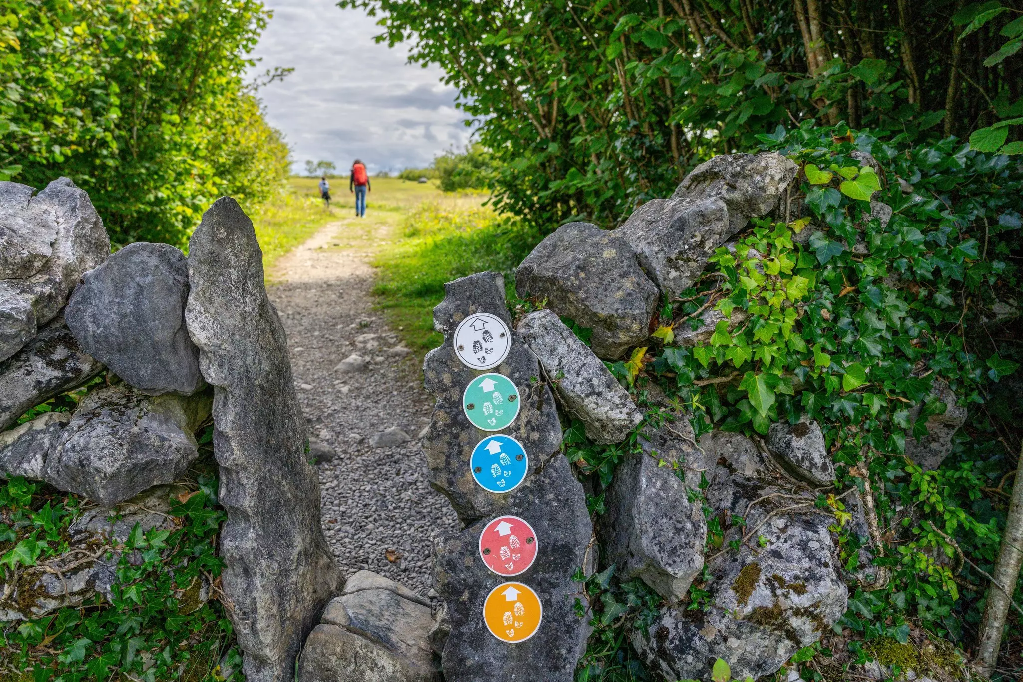 Color-coded signs on a rock mark the way for hikers along a trail. Two hikers stride ahead in the distance.