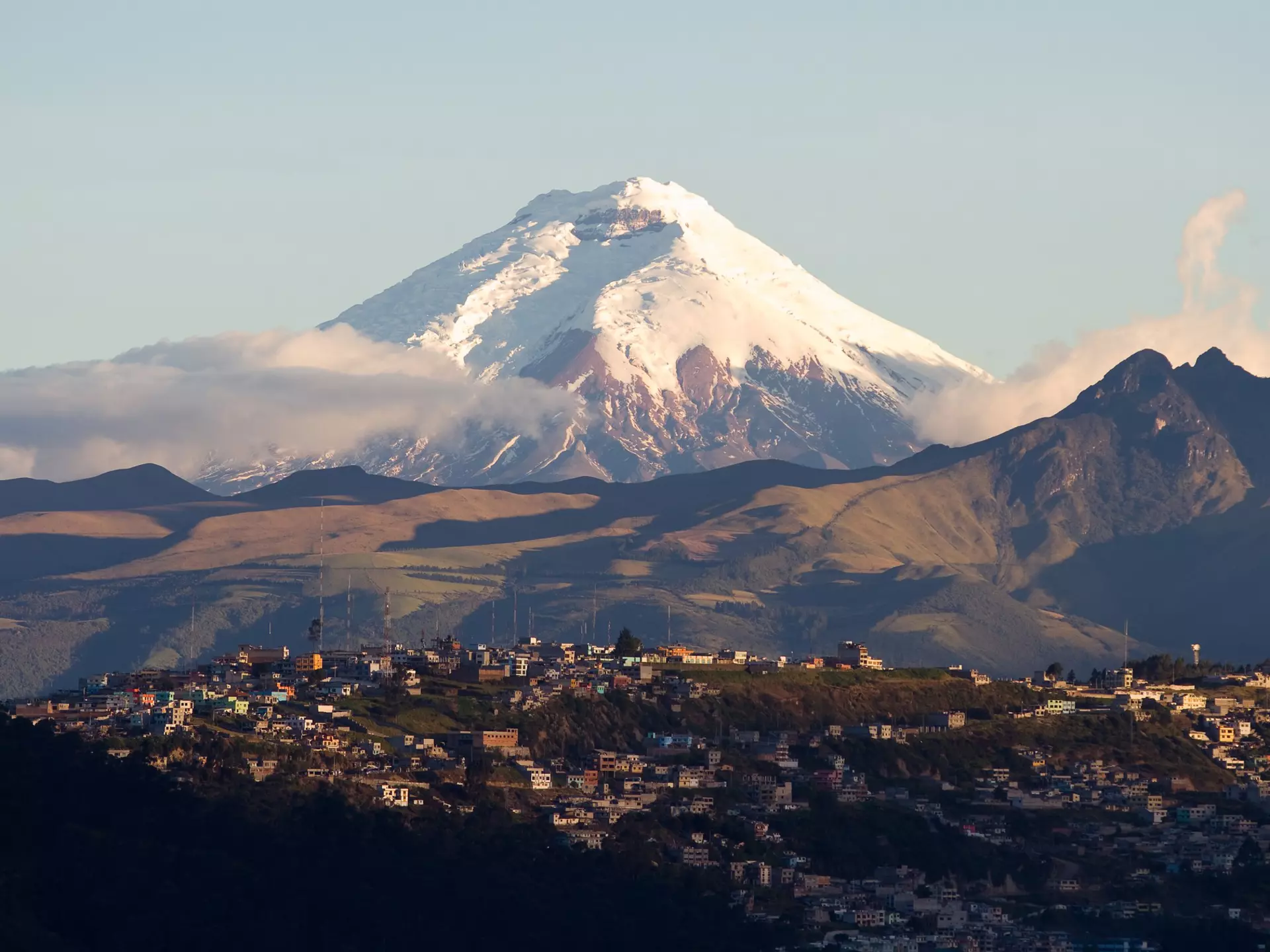 View of the snow-capped cone of Cotopaxi volcano, Ecuador