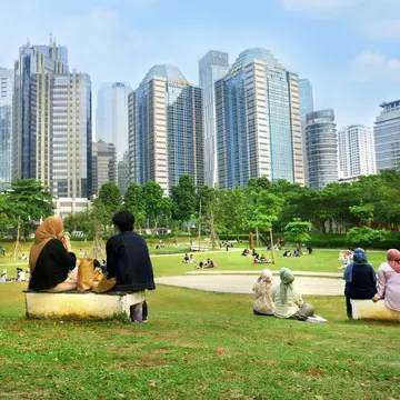 Jakarta, indonesia - June, 2021 : Hutan kota ( city forest) one of  the famous  public park in jakarta located in GBK sport complex senayan. People vacation in the park.  License Type: media  Download Time: 2023-08-18T11:32:34.000Z  User: lonelyplanetmedia  Is Editorial: Yes  purchase_order: