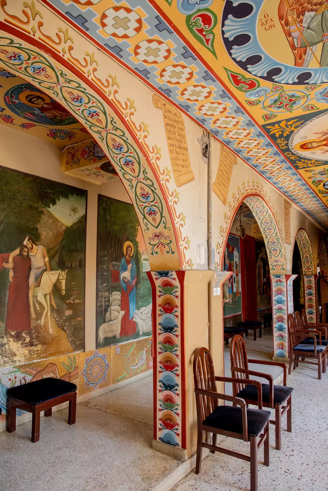Colorful frescoes in the interior of a church.
