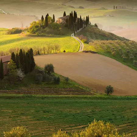 A farmhouse at sunrise with cyprus-lined roads in Tuscany. 
