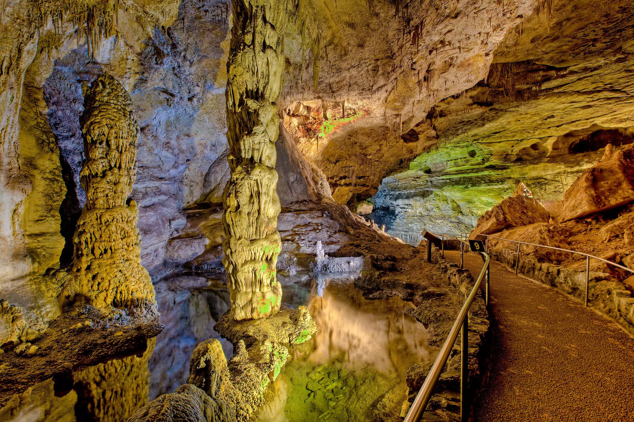 Subterranean columns in spring-fed pool, Carlsbad Caverns National Park, New Mexico.