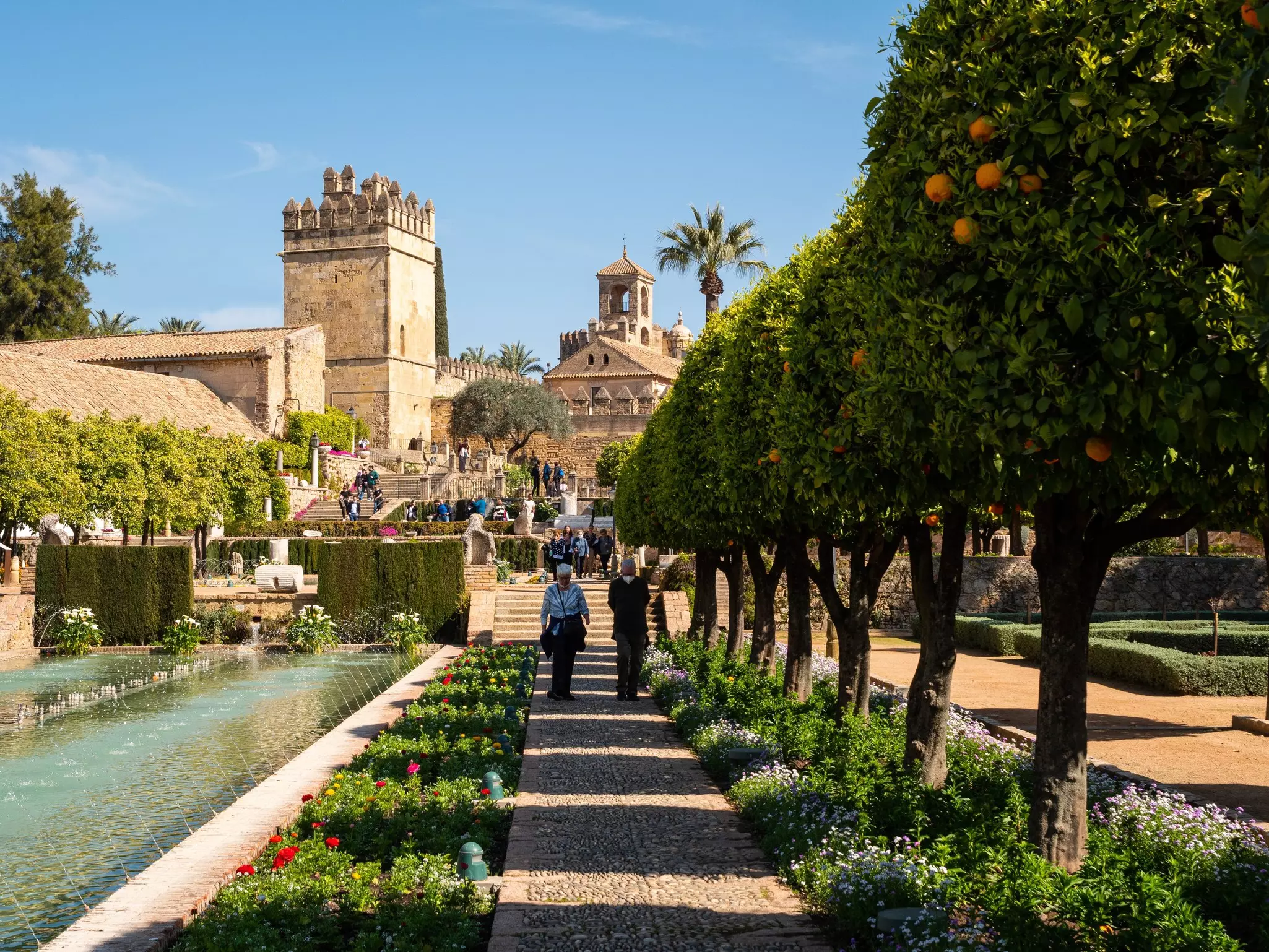 Trees and flowers line the water features in the gardens of the fortified Alcázar de los Reyes Cristianos (Castle of the Christian Monarchs) in Cordoba, Andalucia.