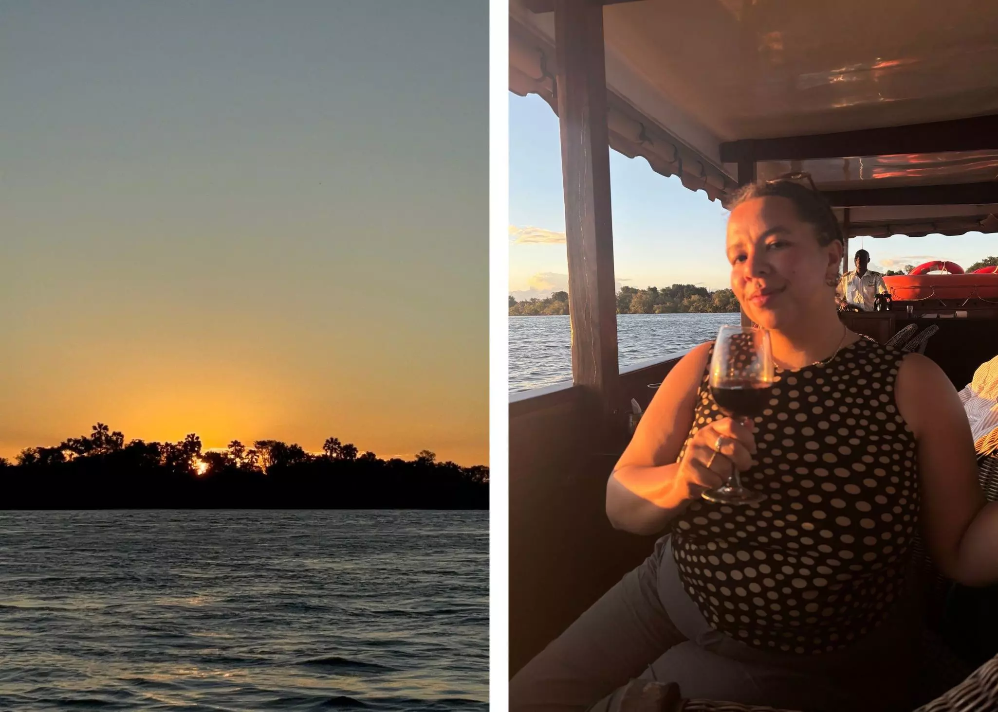 Diptych of a sunset boat cruise along the Zambezi River by Chamidae Ford.