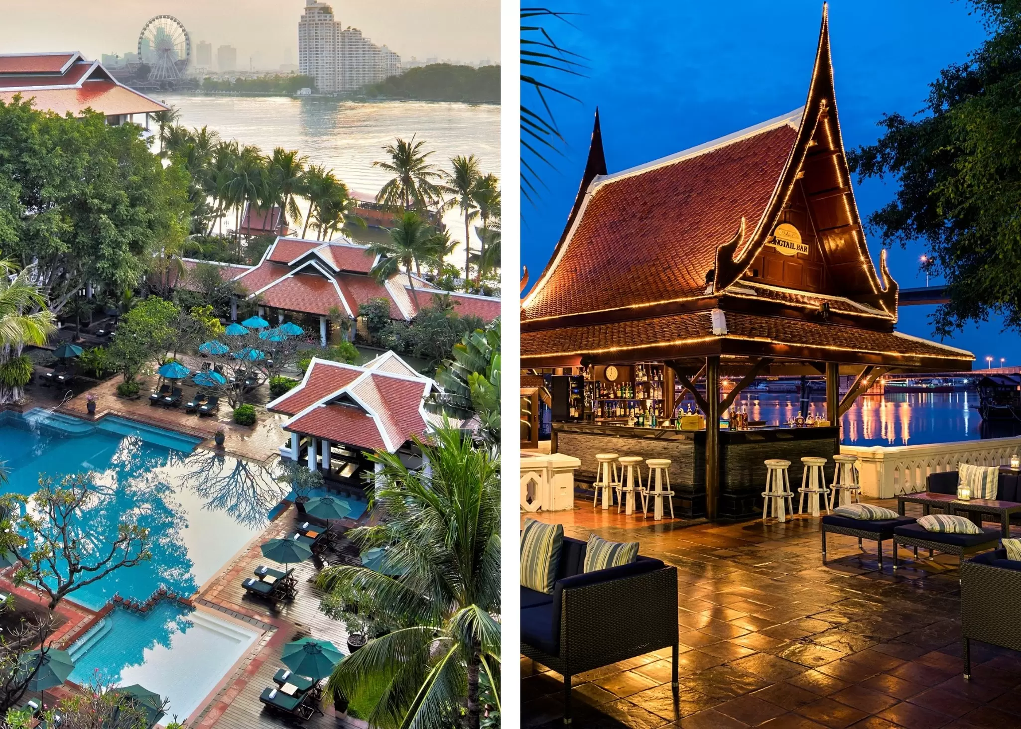 Left: A blue swimming pool with landscaping by small structures; right: A bar water at night.