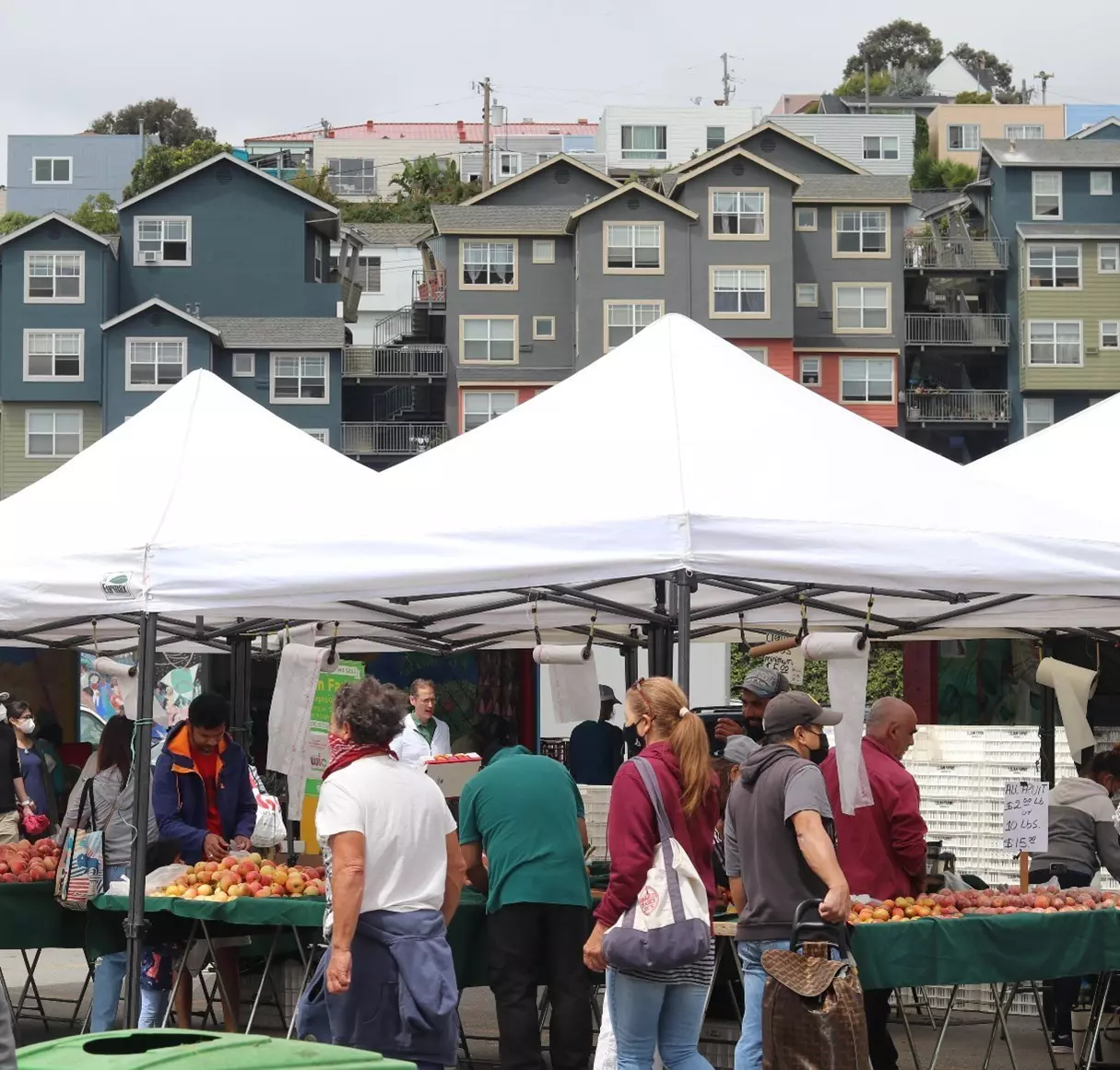 Tents cover fruit and shoppers at the Alemany Farmers Market in San Francisco.