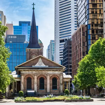 Facade of St James Church in Queens Square and Law Courts buildings. Sydney, Australia.